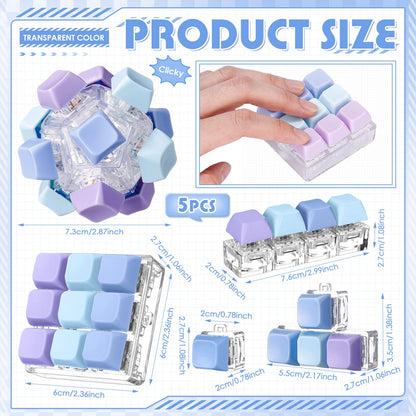 Halloscume 5 Pcs Keyboard Adult Fidget Clicker in 5 Styles Keyboard Fidget Keychain Cube Mechanical Key Button Clicker Stress Relief Gift for Office Home Pass Time(Blue Purple)