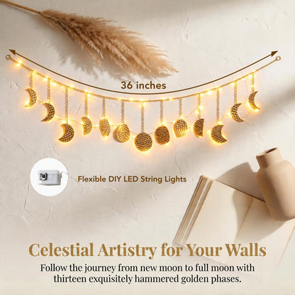 Opulinea Boho Moon Phase Wall Hanging, Gold Hammered Metal LED Celestial Garland for Bedroom Witchy Home Christmas Decor