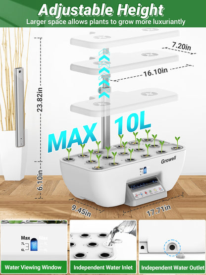 Growell Hydroponics Growing System Kit, 17 Pods Herb Garden with 102 28W Full-Spectrum Grow Lights & 2 Fans, Indoor Garden with Water Pump, 10L Water Tank, Auto Timer, Height Adjustable (White & Grey)