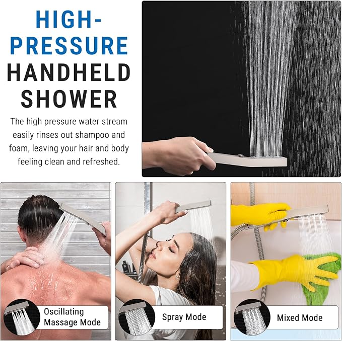 G-Promise All Metal 16 Inch Rain Shower Head with Massage Mode Handheld Spray Combo, 3-Way Diverter with Pause Setting, Full Body Coverage, Modern Bathroom Upgrade (Brushed Nickel)
