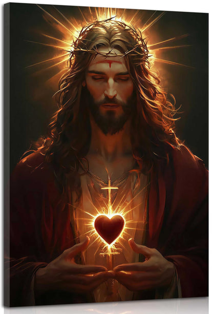 Sacred Heart of Jesus Canvas Wall Art Religious Christian Poster Print Christ Jesus Portrait Picture Wall Decor Catholic Faith Painting for Bedroom Living Room Prayer Room Church Framed