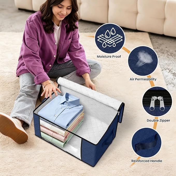 Fab totes 35L Closet Organizers and Storage, Foldable Under Bed Storage Containers, Storage bags for Organizing Bedroom, Closet, Clothing,Organization with Handle (10 Pack,Blue)