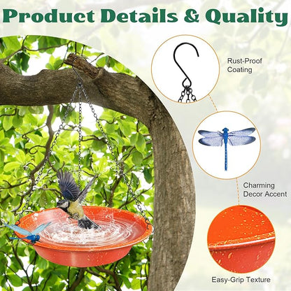 Hanging Bird Bath for Outdoors–Rust Proof Orange Bird Water Bowl with Dragonfly Decor,11.4 Inch Shallow Bird Feeder Tray with Chains,Garden Decor for Yard, Patio, Wild Birds