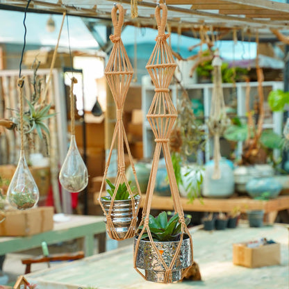 Hourglass Floating Macrame Plant Hangers 2 Pack Handmade Cotton Rope Hanging Planters Basket with S Hooks, Diamond Openwork Boho Home Decor for Indoor Outdoor, Plants Holder 35" & 39” (Caramel)