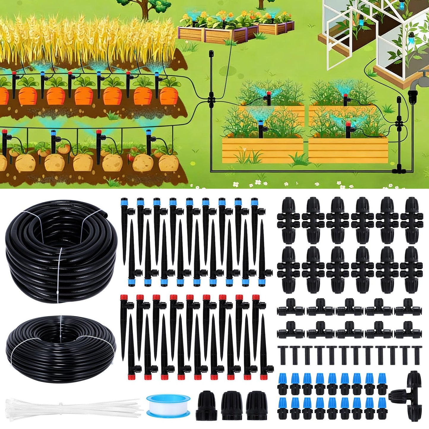 300FT Drip Irrigation System Kit, Automatic Garden Watering Misting System with 70FT1/2 inch Hose 230FT 1/4 inch Distribution Tubing and Accessories for Garden Lawn Greenhouse Plant Flower Bed