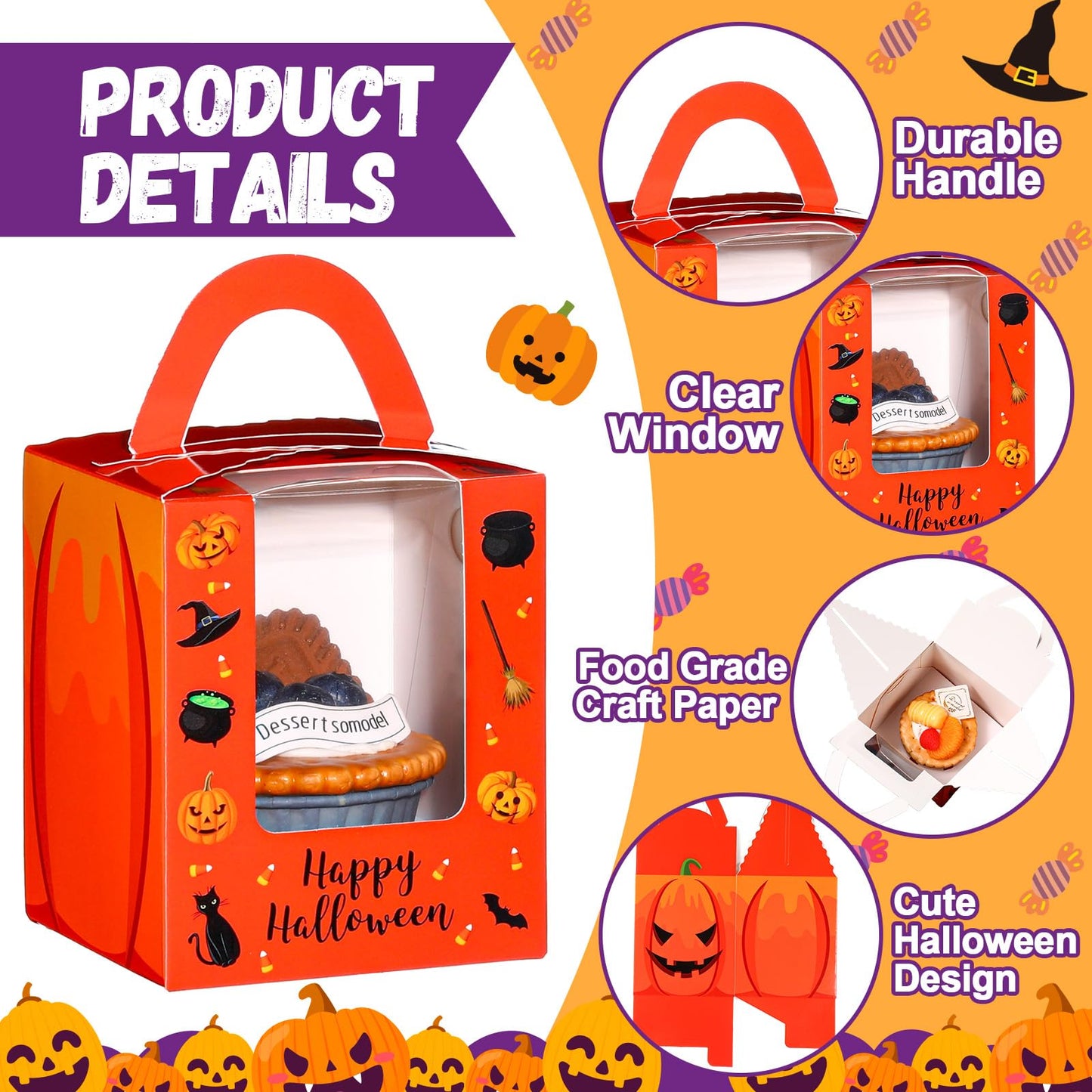 Qeeenar 60 Pieces Halloween Cupcake Boxes Halloween Individual Carriers Party Boxes with Clear Window for Cupcake Candies Gifts Wrap Dessert Table Decoration