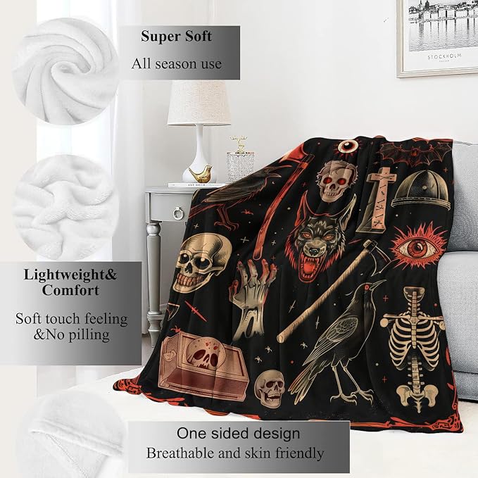 Vintage Gothic Horror Blanket,Creepy Goth Skeleton Skulls Bats Fun Throw Blankets,Gifts for Women Men, Lightweight Soft Fleece Cozy,for Couch Bed Room,Festival Halloween Decor,50x60in