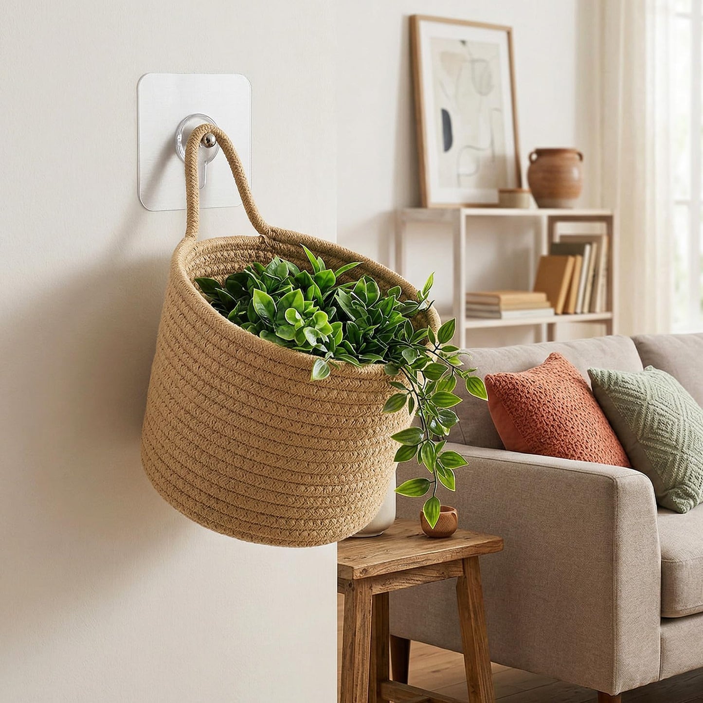 kenaeooe 6 PCS Wall Hanging Basket Set Handwoven Cotton Rope Hanging Fruit Basket Organizer with Hooks Boho Decorative Storage Bins for Home Kitchen Office Door Wall