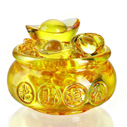 YU FENG 4.7'' Crystal Glass Wealth Bowl with Gold Ingots, Large Wealth Symbol Decor, Prosperity Ornament, Lucky Gift for Home Office Desk Decoration
