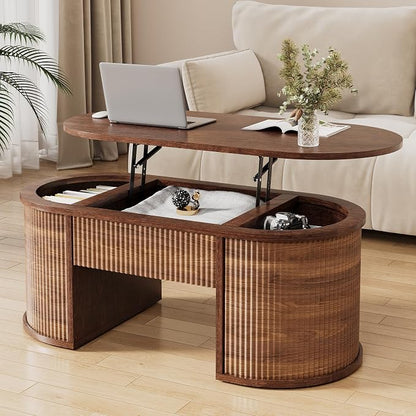 Fluted Lift Top Coffee Table with Storage, Oval Living Room Center Table with Hidden Compartment, Modern Mid-Century Wood Coffee Table for Small Spaces, Home Office, Walnut