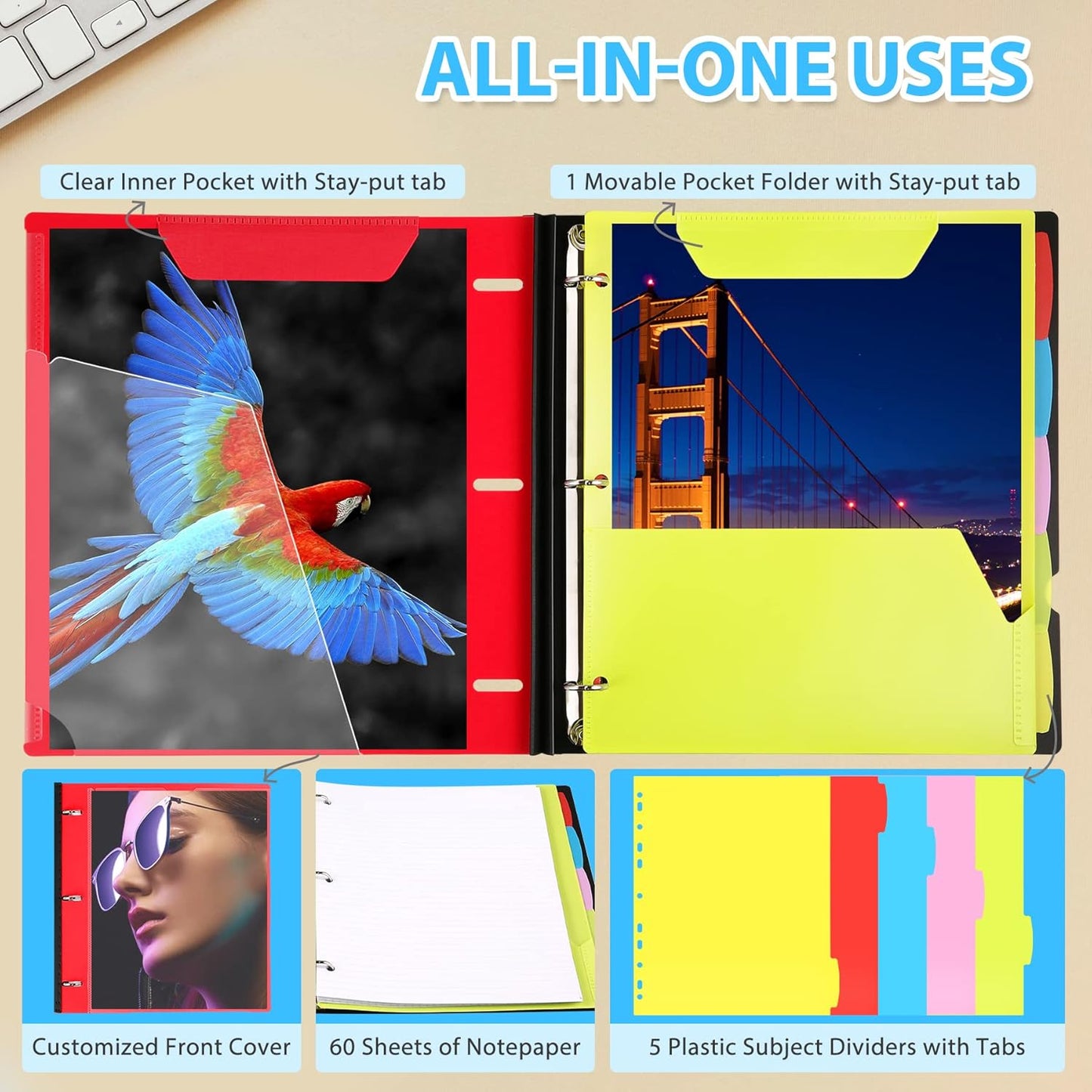 WOT I 1-Pack Telescoping 3 Ring Binder Notebook - Customizable Cover, 5 Dividers & Pocket Folder in One Slim Organizer (60 Sheets Included), Red