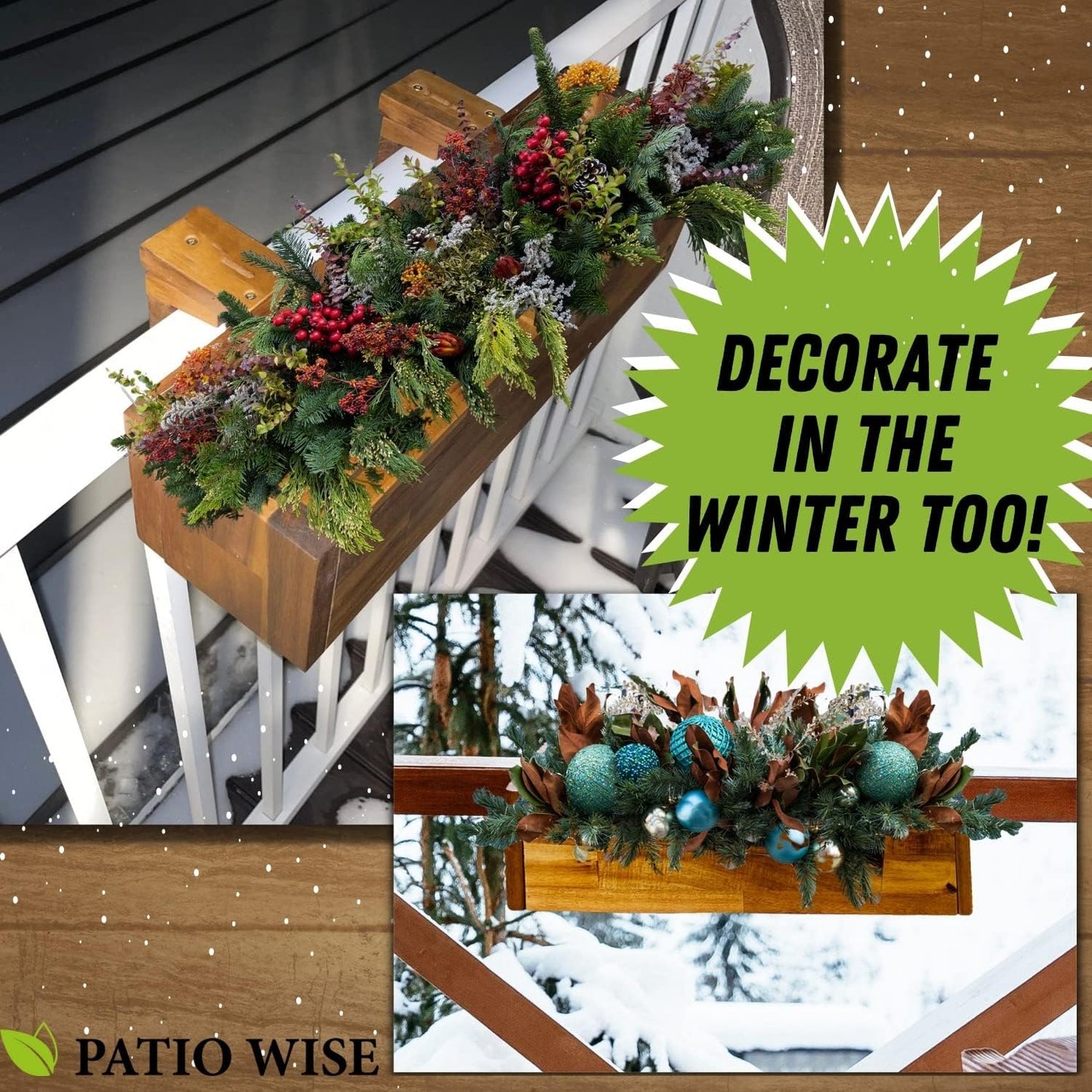 Patio Wise Acacia Wood Railing Planter Box, Outdoor Hanging Flower, Plant, & Herb Boxes, 20-Inch Wide x 5-Inch Tall x 4.5-Inch Deep Rectangular Porch, Deck, & Balcony Planters, Teak Color