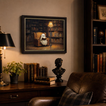 Vbaourut Framed Halloween Ghost Wall Art, Moody Reading Ghost Canvas Painting, Dark Academia Library Poster with Dark Brown Frame and Upgraded Hook and Loop for Study, 9x11 in