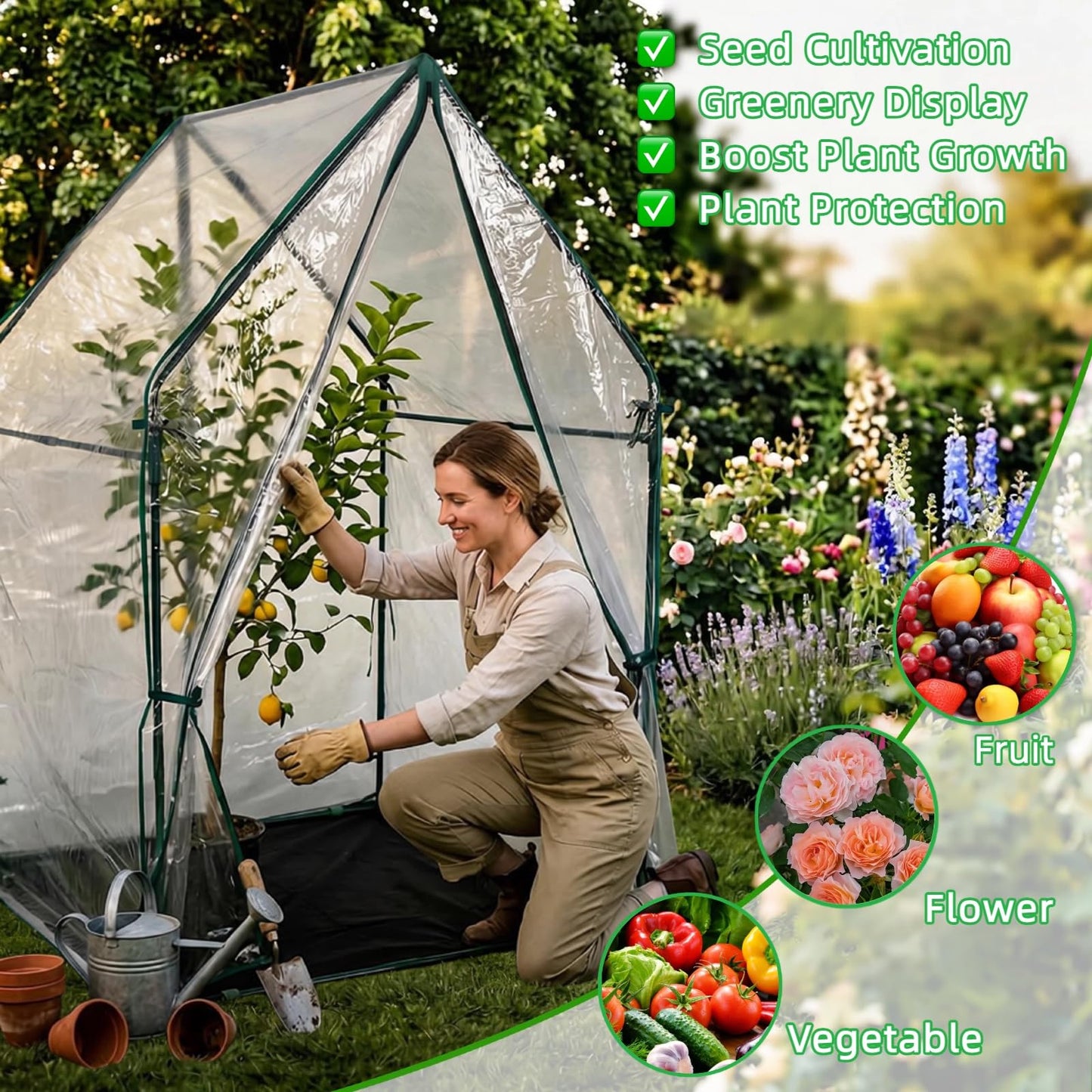 GreenGiggle Portable Greenhouse for Outsides, 36x36x59 Inch Green House Tent with PVC Cover, Garden Plant Protector with Zippered Door for Vegetables Flowers Fruits Herbs