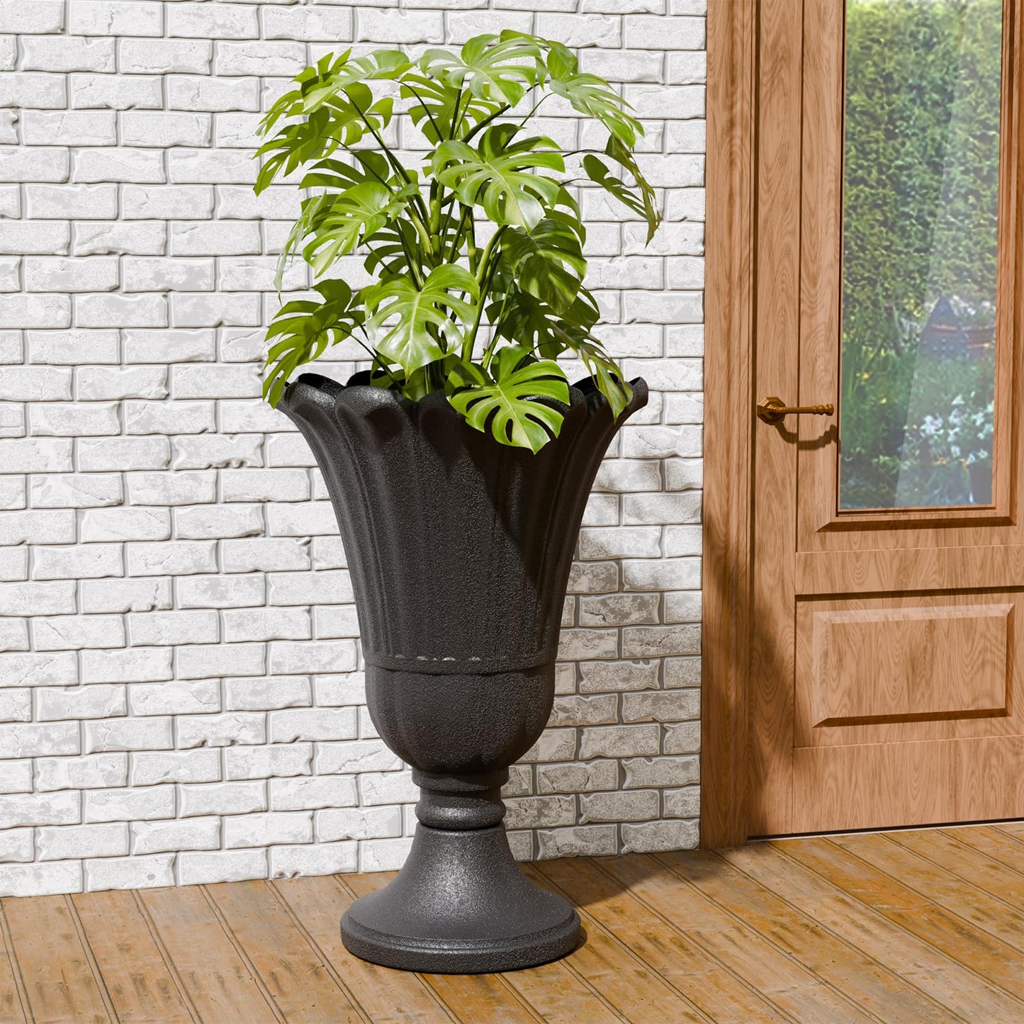 Trygoal 23.6" Tall Plastic Urn Planters for Outdoor Plants, Set of 2 Heavy-Duty Classic Indoor Large Flower Pots with Drainage Holes & Petal Design, Outdoor Planters for Porch, Home Garden, Black