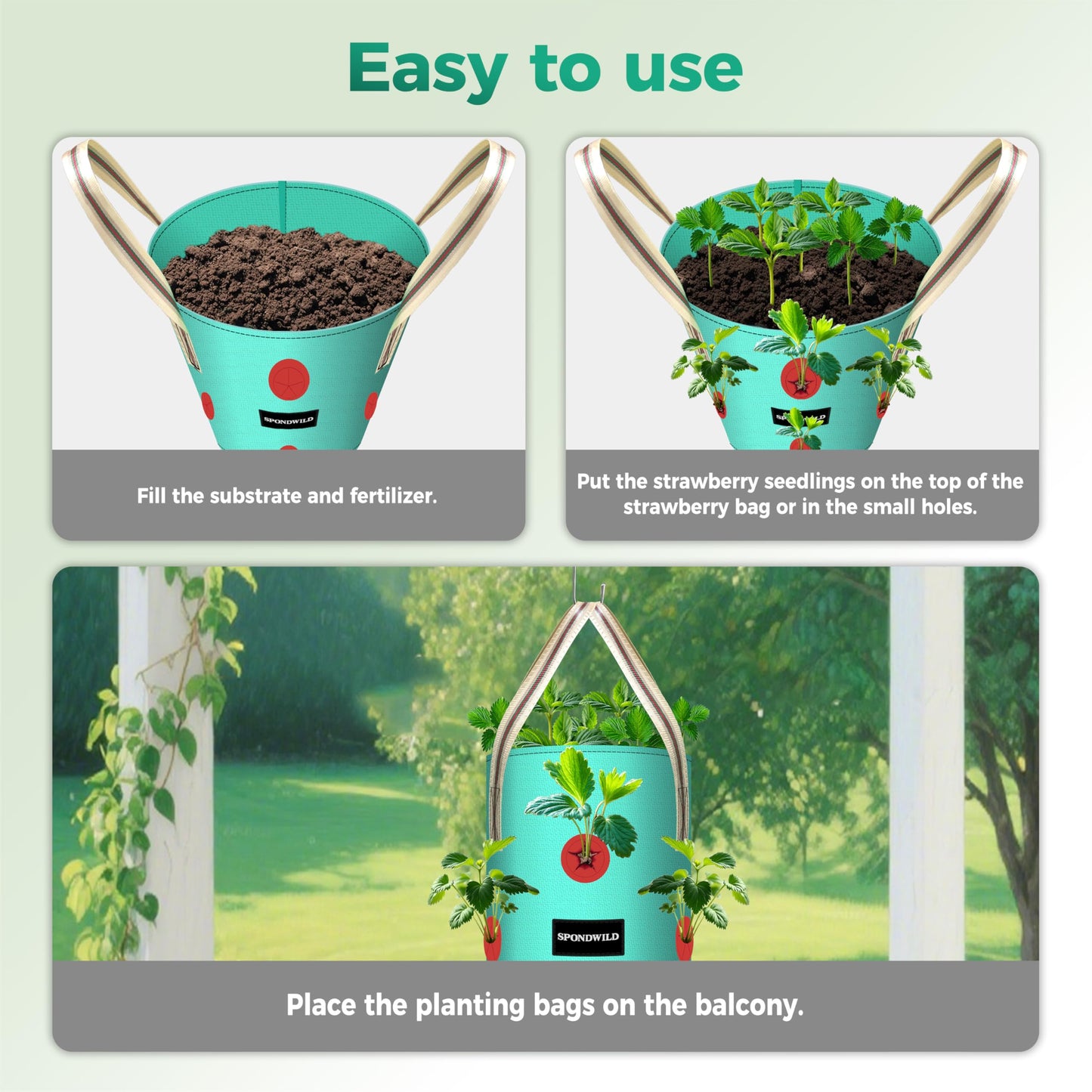 SPONDWILD 3 Pack 3 Gallon Hanging Strawberry Planter Bags, 12 Holes PE Grow Bags with Bottom Drainage, Reusable Vertical Planters for Small Space Gardening(Green)
