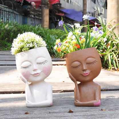 CASANIA Closed Eyes Girl Head Planter Pot with Drainage Hole, Resin Face Planter for Succulents Small Plants, Indoor Outdoor Whimsical Decor for Home Garden Office, Gift for Plant Lovers