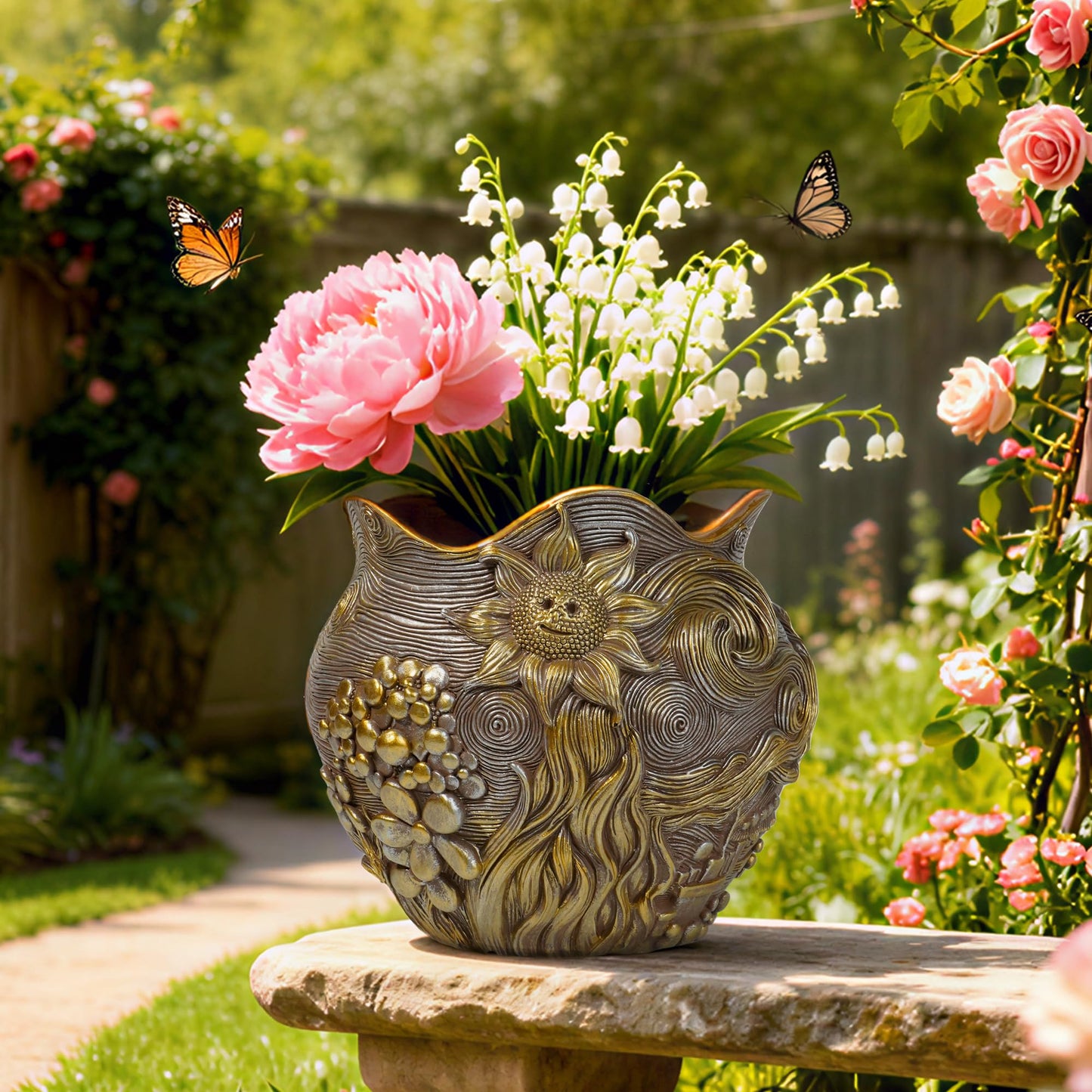ArtCachet Sunflower Starry Sky Plant Pots-Cute Unique Flower Pots with Drainage Hole, Resin Planters for Indoor Outdoor Succulent Planter, Plant Gifts for Mother's Day, Birthday, Christmas (Gold)