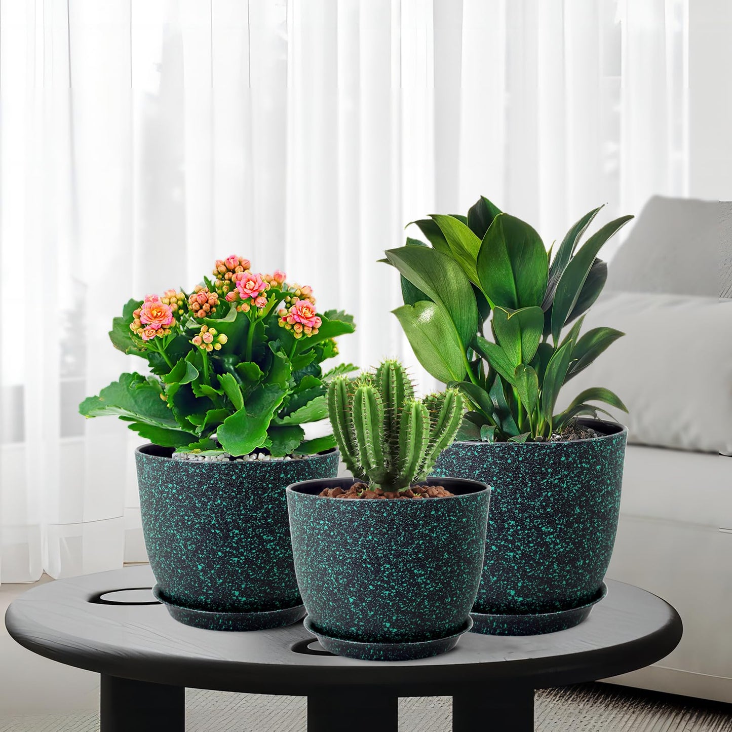 WSMKSZ Large Flower Pots 12/10/9 inch, Set of 3 Decorative Plastic Planters with Drainage Holes and Saucers for Garden House Plants, Plant Pots for Indoor Outdoor Plants, Black with Green Speckles