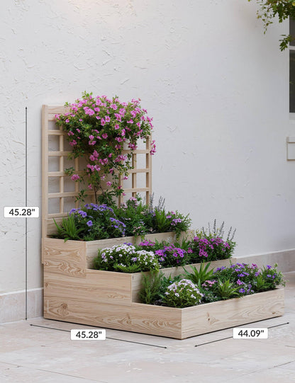 GarveeLife 3-Tier Raised Garden Bed,Wooden Vertical Planters with Trellis & Open-Ended Base for Climbing Plants Vines Flower Herb Vegetable Fruit,Outdoor Planter Boxes for Patio Yard Lawn