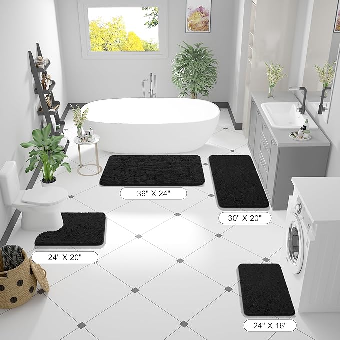 OLANLY Bathroom Runner Rugs 47x20, Extra Soft Absorbent Chenille Bath Rugs, Rubber Backing Quick Dry, Machine Washable Long Bath Mats for Bathroom Floor, Tub and Shower, Home Decor Accessories, Black