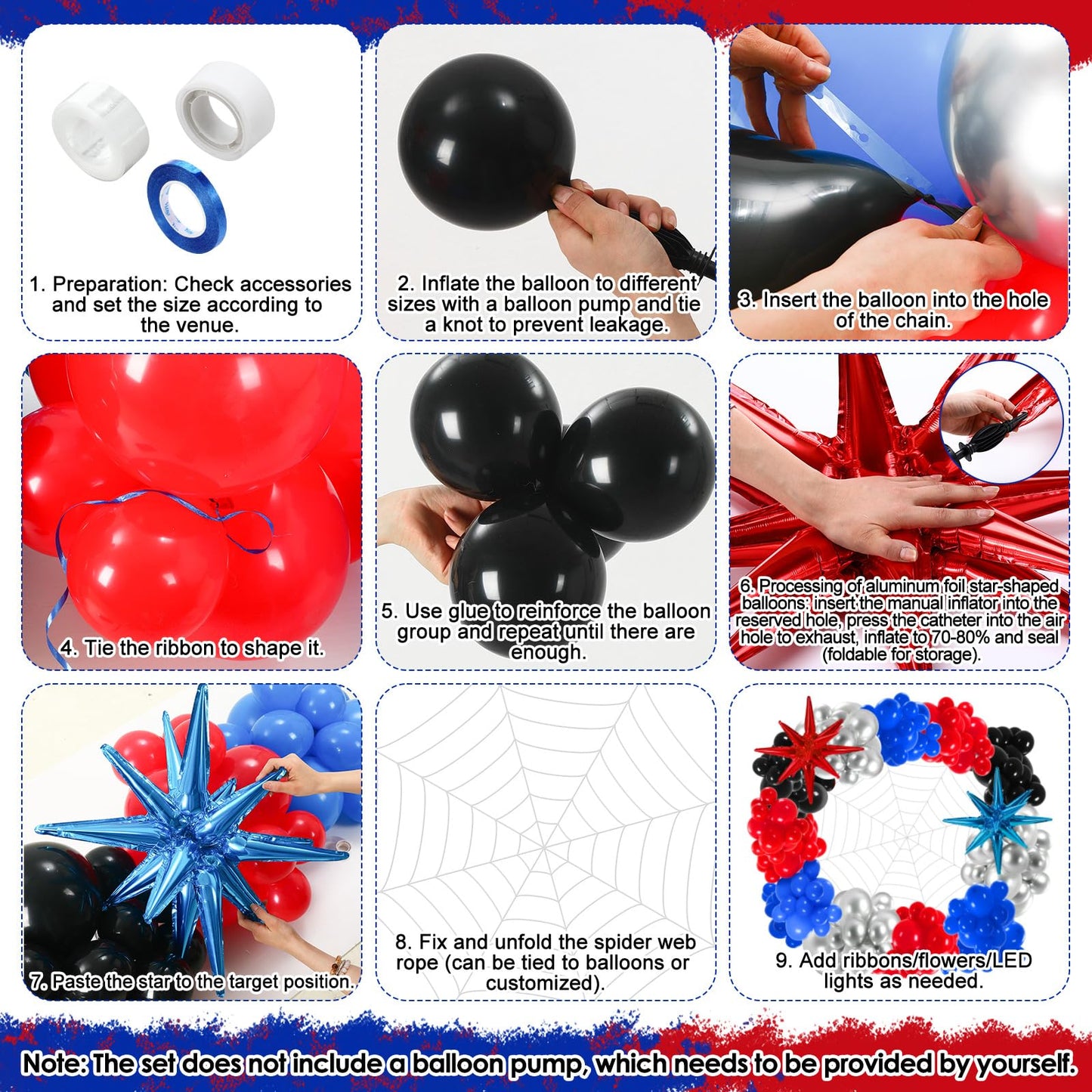 Leyndo 332 Pcs Spider Balloons Arch Garland Kit with 10.8 ft 7 Coils White Fake Spider Web Black Red and Blue Metallic Silver Latex Balloons Arch Kit for Hero Theme Baby Shower Birthday Party Decor
