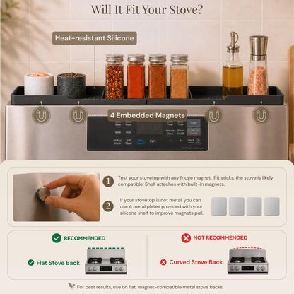 TEO Silicone Magnetic Stove Top Shelf – 30 Inch Over Stove Spice Rack, Shelf for Back of Range, Kitchen Stovetop Storage Organizer, Black