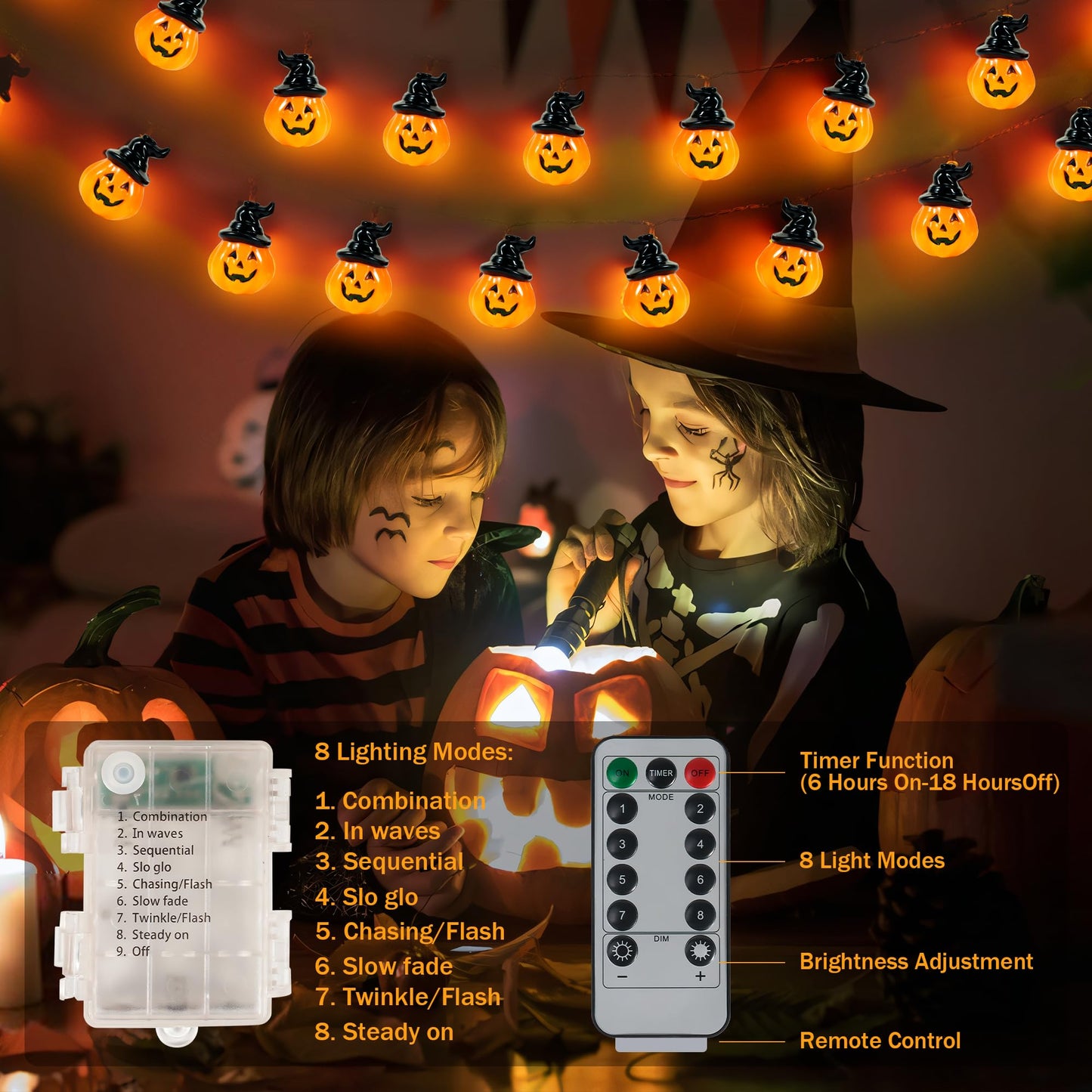 XSIEDVP Remote Control Halloween Pumpkin String Lights - 30LED 16.4Ft with Witch Hat | Waterproof Outdoor/Indoor, 8 Modes + Timer, Pet-Friendly | Warm Orange Fall & Party Decor for Patio, Yard