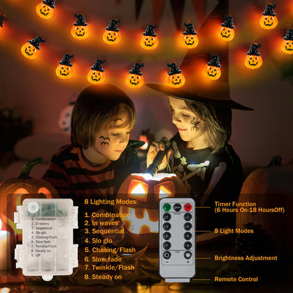 XSIEDVP Remote Control Halloween Pumpkin String Lights - 30LED 16.4Ft with Witch Hat | Waterproof Outdoor/Indoor, 8 Modes + Timer, Pet-Friendly | Warm Orange Fall & Party Decor for Patio, Yard