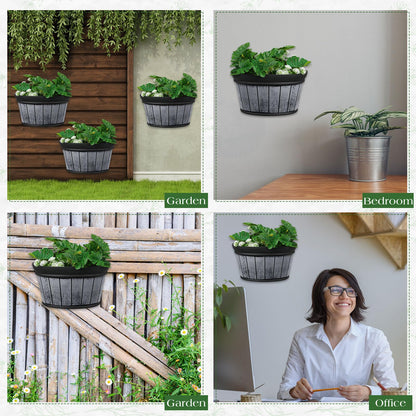 Romooa 12 Pcs Wall Hanging Planters Outdoor Wine Barrel Planter Distressed Oak Thickened Plastic Water Storage Flower Pots for Plants Flower Indoor Outdoor Railing Fence (Black,10 Inch)