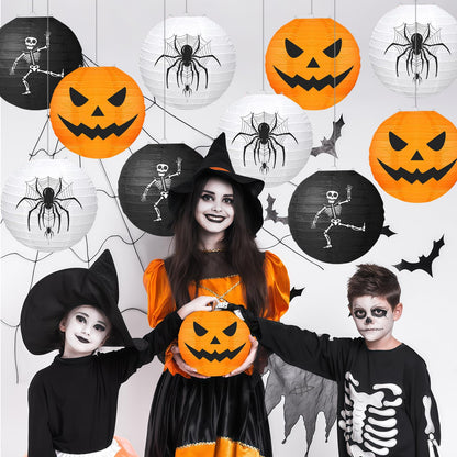 KAXIXI Halloween Party Decorations - 10pcs Halloween Spooky Spider Skeleton Pumpkin Printed Hanging Paper Lanterns for Halloween Decorations Birthday Yard Garden Decor Outdoor Indoor