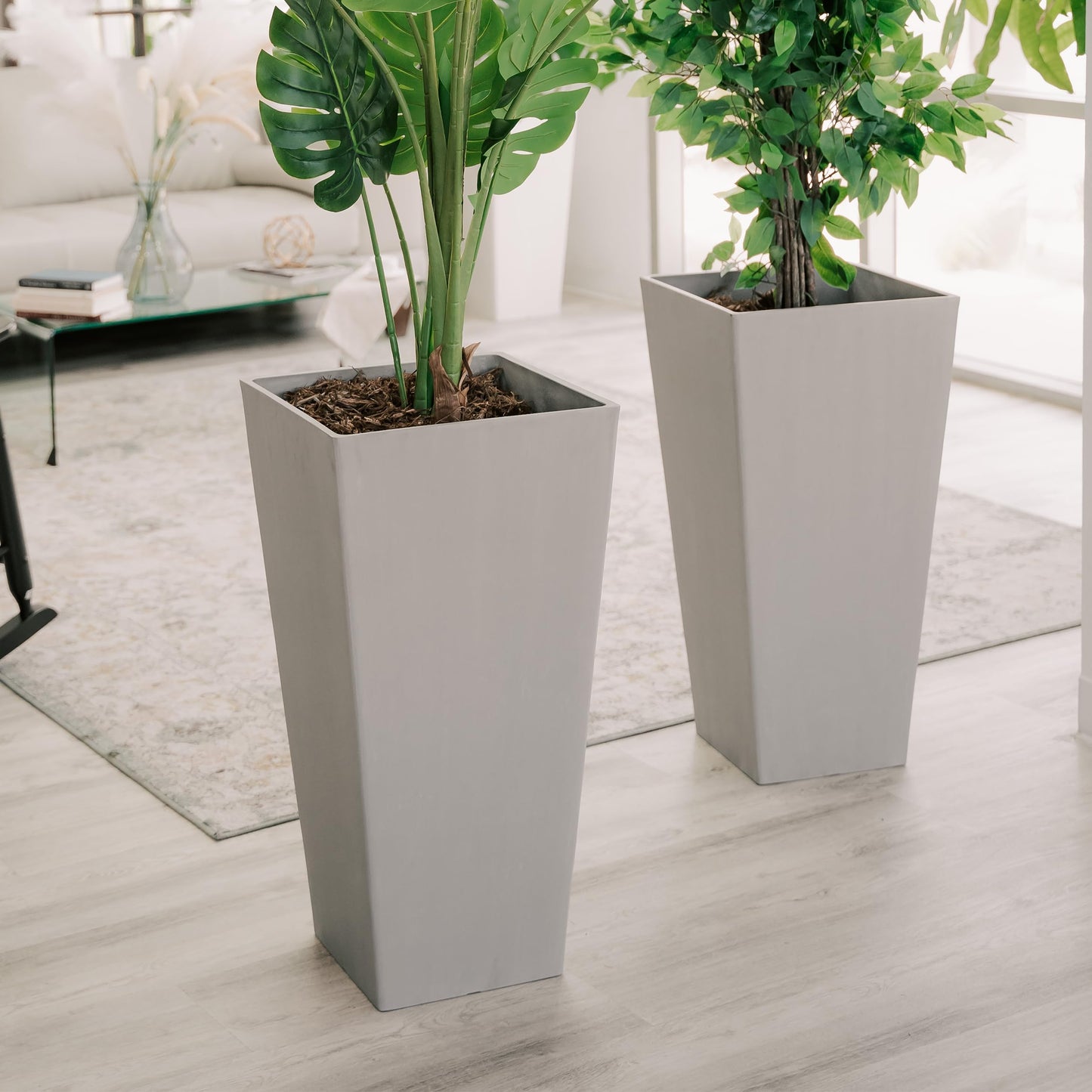 XBrand Modern 28-Inch Square Planter, Modern Tapered Perfect for Indoor & Outdoor, Patio Décor, Set of 2, Gray