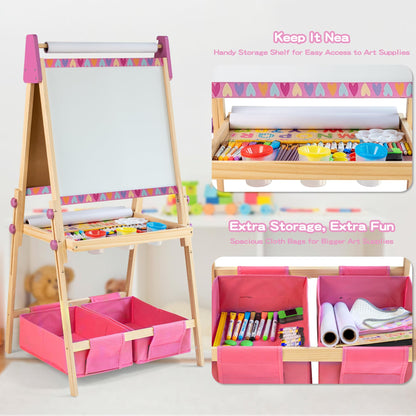 3-in-1 Adjustable Kids Art Easel with Magnetic Whiteboard, Chalkboard & 3 Paper Rolls, All-in-One Double Sided Wooden Painting Easel with Accessories for Toddlers and Kids Ages 3+
