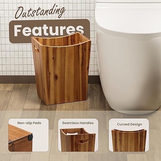Tidita 2 Gallon Acacia Wooden Wastebasket, Non-Slip Trash Can, Open Top | Acacia Wood, Compact Size, Non-slip Pads, Integrated Side Handles, Open Top, Natural Acacia Color, Multiple Purpose Storage