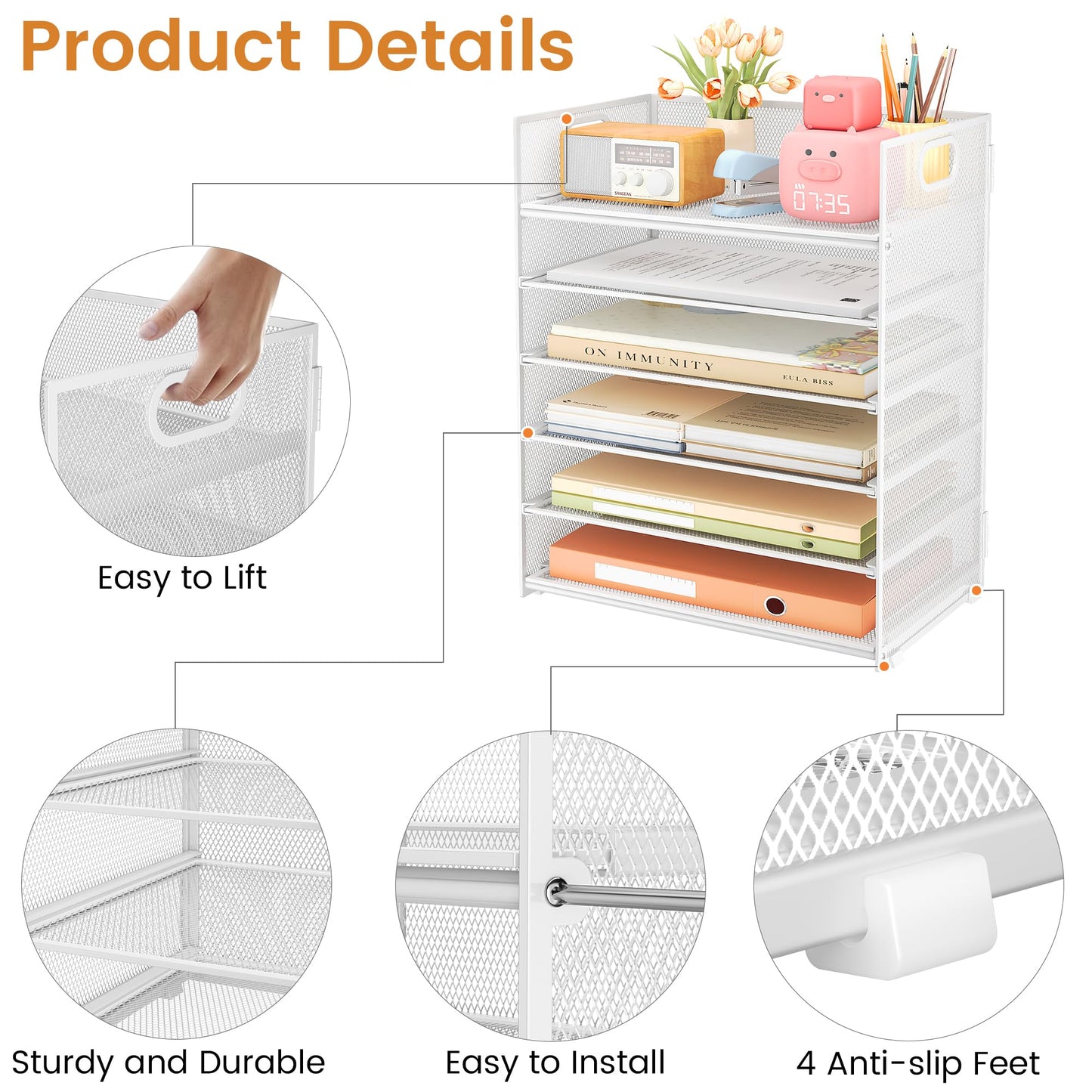Subekyu 6-Tier Desk Paper Organizer, Desktop File Letter Tray with Handle, Document Sorter and Accessories Holder for Office, Home and School Workspace Organizers, White - 2 Pack