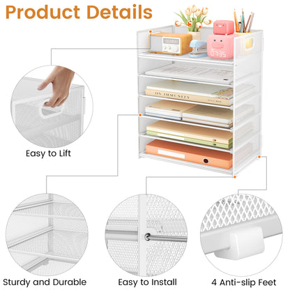 Subekyu 6-Tier Desk Paper Organizer, Desktop File Letter Tray with Handle, Document Sorter and Accessories Holder for Office, Home and School Workspace Organizers, White - 2 Pack
