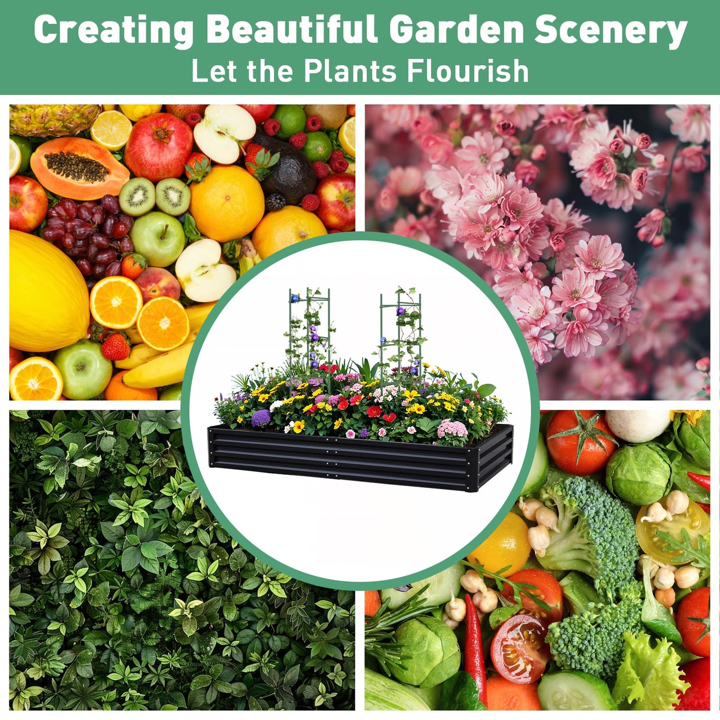 PICNICNI Metal Raised Garden Bed 8x4x1Ft Outdoor Large Metal Galvanized Planter Boxes Kit for Vegetables, Flowers, and Herbs,Garden Beds with 2Pcs Tomato Cage 1Pc Gloves,Black