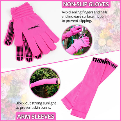 THINKWORK Pink Garden Tools, Gardening Gifts for Women, with 2 in 1 Detachable Storage Bag, Trowel, Transplanter, Rake, Weeder, Cultivator, Purning Shears and 3 Additional Protection Tools