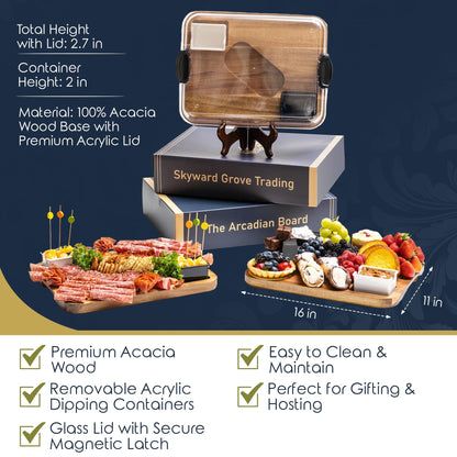 Covered Charcuterie Board with Locking Acrylic Lid, 15" x 11" Acacia Wood Serving Tray, 2 Dipping Containers, Gift Box Included