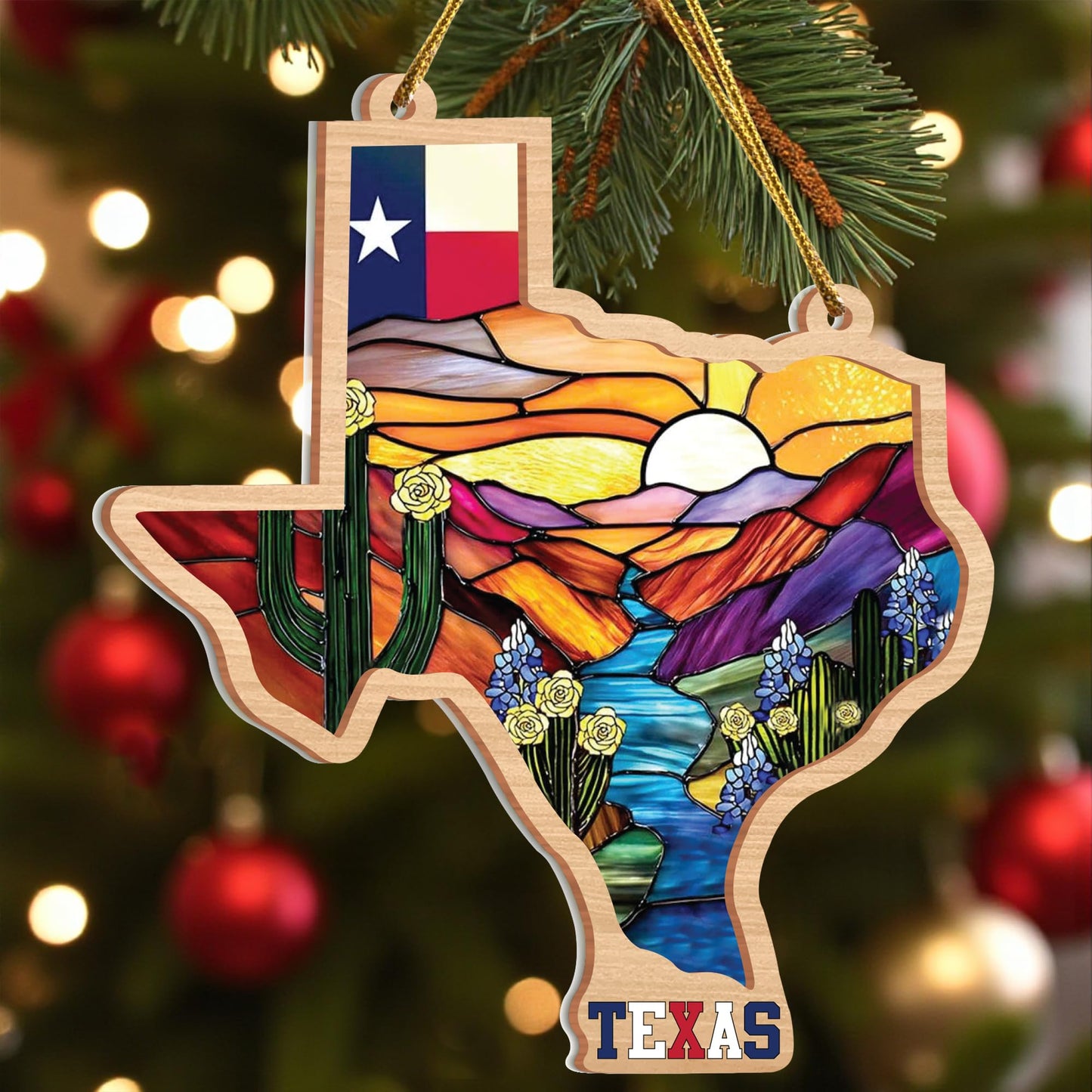 Texas Stained-Glass Look Ornament, Double-Layer Wood & Acrylic State Shape with Flag, Bluebonnets & Cactus, Christmas Ornament for Tree, Ready-to-Gift