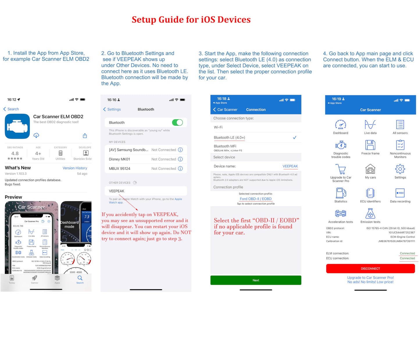 Veepeak OBDCheck BLE Bluetooth OBD II Scanner Car Check Engine Light Code Reader, Auto Dual Mode Bluetooth Diagnostic Scan Tool for iOS & Android
