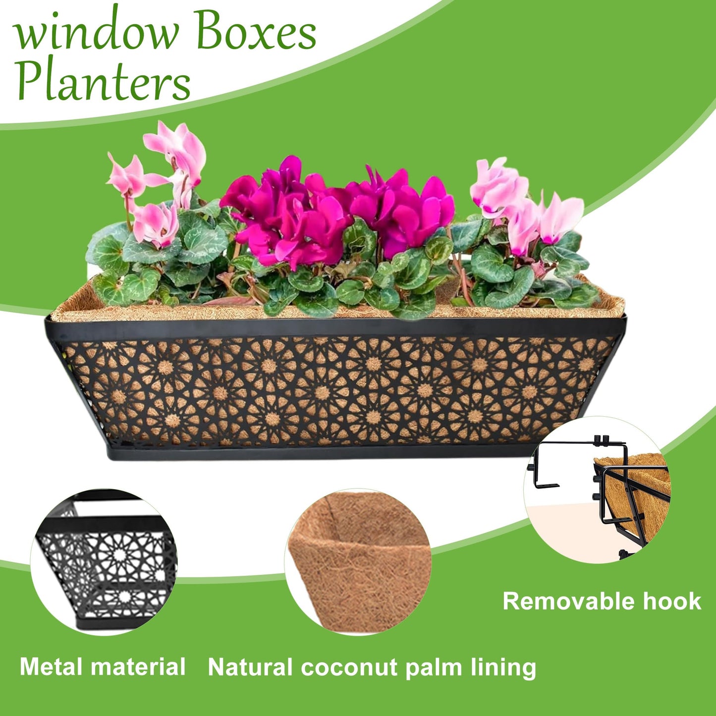 EIMQUVW 4 Pack 24" Railing Planter Window Box Deck Balcony Rail Planter Black Metal Flower Basket Horse Trough Planter with Coco Fiber Liner for Porch Fence Patio Outdoor