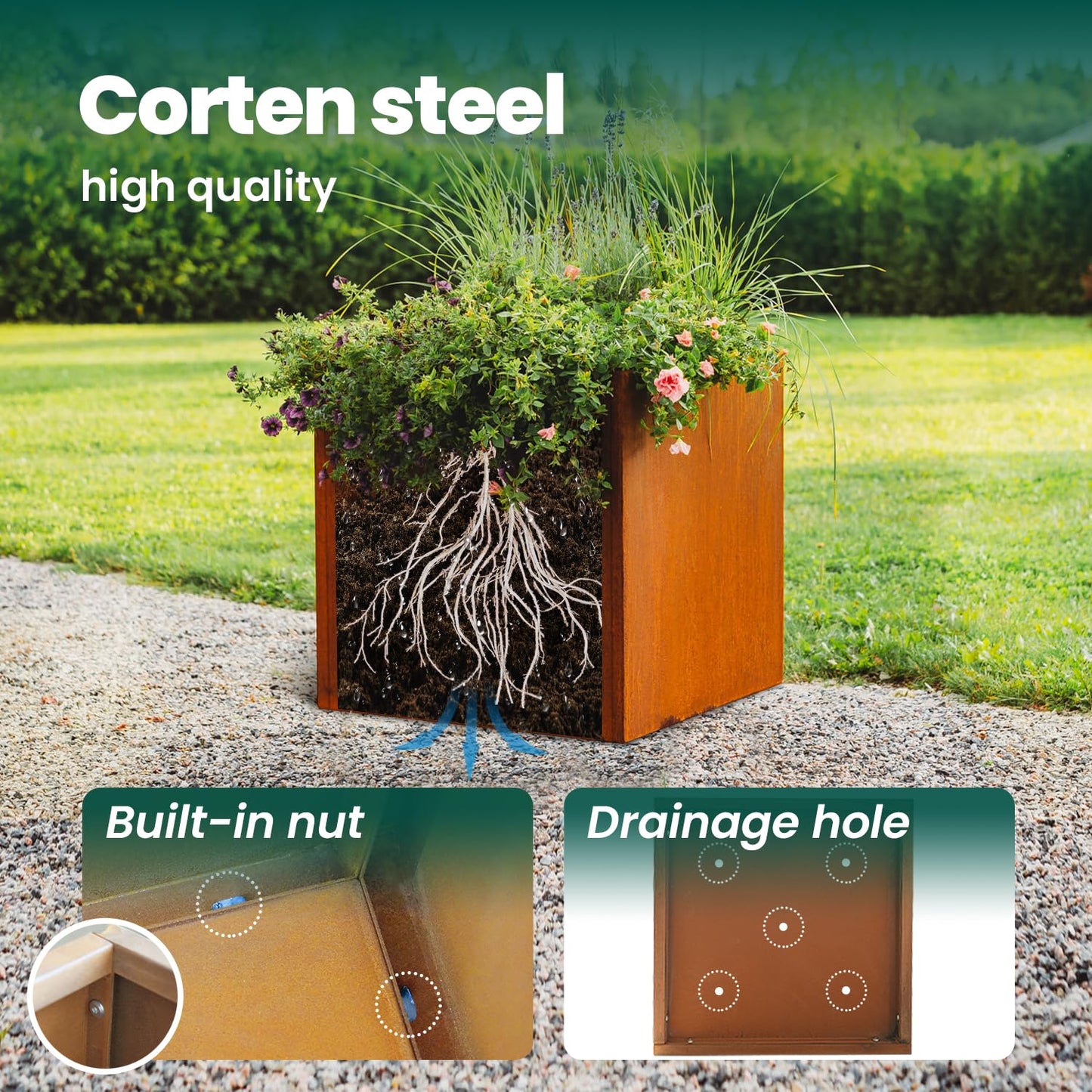 GZGNEEVL Corten Steel Planter Box Metal Outdoor Large Rectangular 17" L x 17" W x 18" H Rustic Durable Antique Detached for Commercial Residential Patio and Backyard