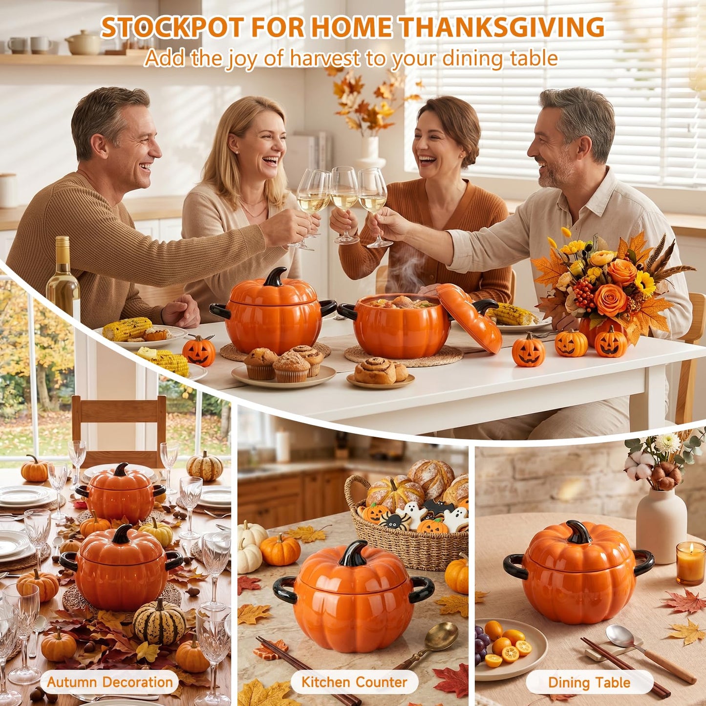 FTNESGYM Pumpkin Soup Bowl, 64oz Ceramic Pumpkin Pot Microwave & Dishwasher Safe Casserole Dish with Lid, Dutch Oven Pot Stockpot Cookware for Home Thanksgiving Halloween Party (Orange)