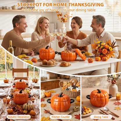 FTNESGYM Pumpkin Soup Bowl, 64oz Ceramic Pumpkin Pot Microwave & Dishwasher Safe Casserole Dish with Lid, Dutch Oven Pot Stockpot Cookware for Home Thanksgiving Halloween Party (Orange)