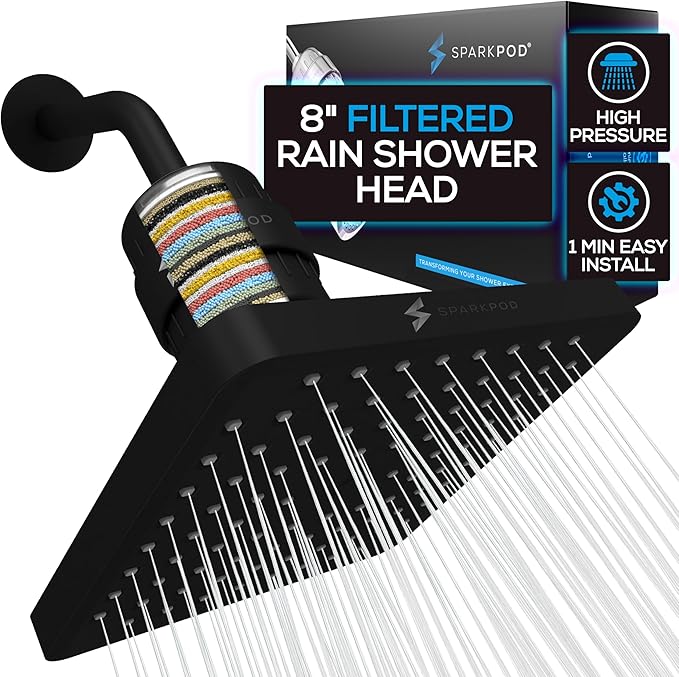SparkPod 23-Stage Filtered Shower Head, 8" Square, Black Matte | Filtered Shower Head for Hard Water Filter, High Pressure, Reduces Chlorine, Heavy Metals, For Dry Skin & Hair