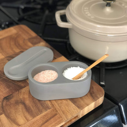 Fox Run Cement Double Salt Cellar with Spoon, 3 x 3.5 x 6.25 inches, Gray