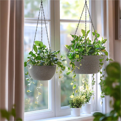 T4U 8 Inch Hanging Planters for Indoor Plants, 2 Pack Hanging Planter, Hanging Plant Pots with Drainage Holes and Chain, Hanging Basket Pots for Garden Home Porch Decor,Grey