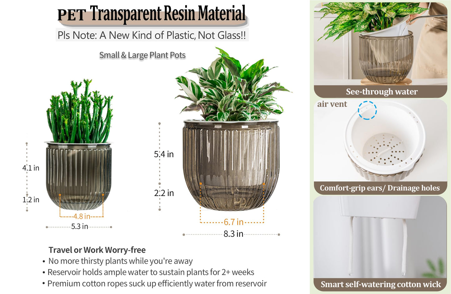 Melphoe Self Watering Pots for Indoor Plants Planter, 8.3/5.3 Inch 2 Pack Planters Self Watering Plant Pots for Flower, Houseplants, Succulent, African Violets and Cactus with Drainage