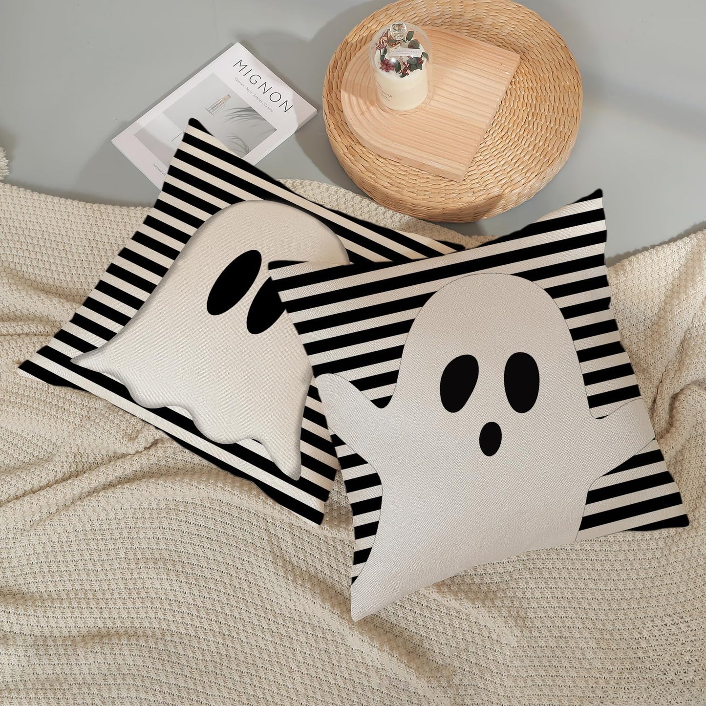JEFERSO Halloween Pillow Covers 20x20 Set of 2 Black Stripes Cute White Ghost Throw Pillows Halloween Decorations Outdoor Pillowcase Halloween Home Decor Linen Farmhouse Cushion Case for Couch Sofa